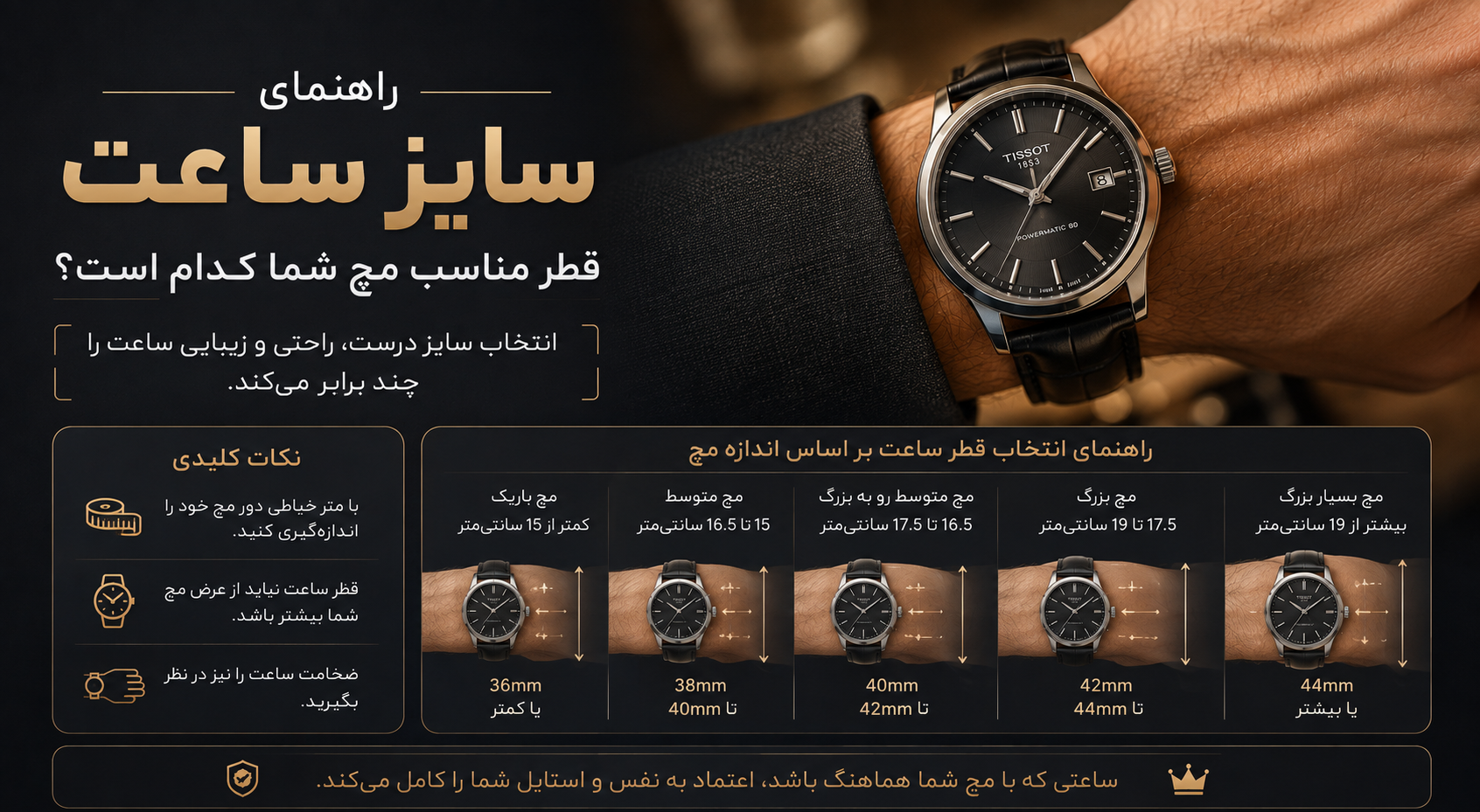 راهنمای سایز ساعت — قطر مناسب مچ شما کدام است؟